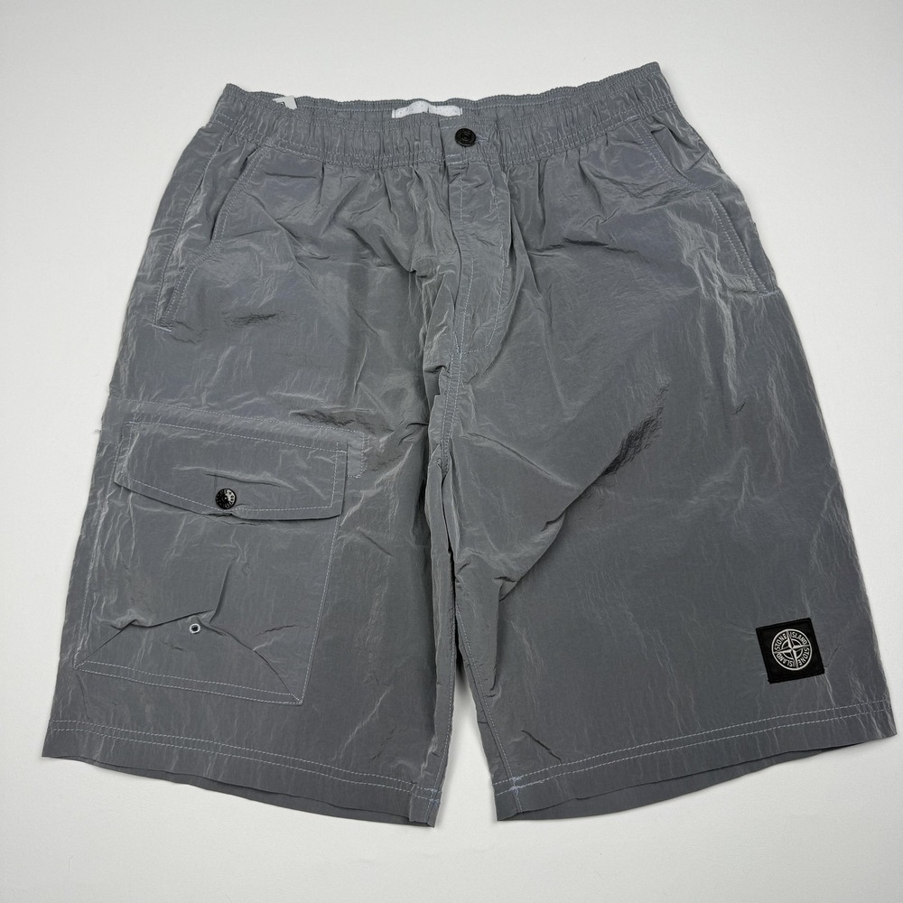 Stone Island Shorts Mens Large Gray Cargo Nylon Elastic Waist Logo 9 Inseam